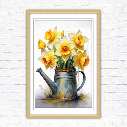 Daffodils. Printed, Framed picture with choice of frame colours and options. Spring Daffodils in vintage watering can.