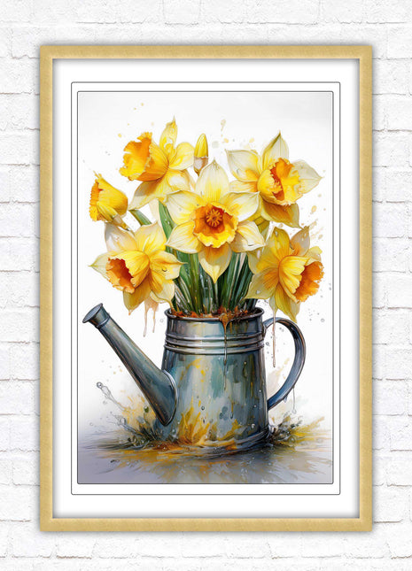 Daffodils. Printed, Framed picture with choice of frame colours and options. Spring Daffodils in vintage watering can.