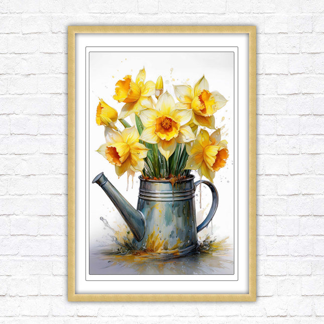 Daffodils. Printed, Framed picture with choice of frame colours and options. Spring Daffodils in vintage watering can.