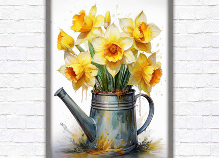 Daffodils. Printed, Framed picture with choice of frame colours and options. Spring Daffodils in vintage watering can.