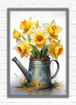 Daffodils. Printed, Framed picture with choice of frame colours and options. Spring Daffodils in vintage watering can.
