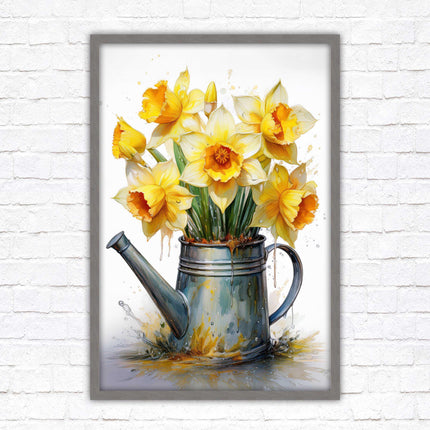 Daffodils. Printed, Framed picture with choice of frame colours and options. Spring Daffodils in vintage watering can.