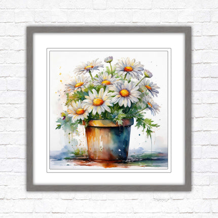 Daisies. Framed picture print. Pretty potted daisies. Framed wall art. A choice of frames and sizes, square.