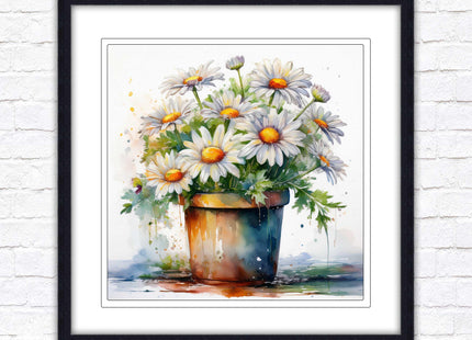 Daisies. Framed picture print. Pretty potted daisies. Framed wall art. A choice of frames and sizes, square.
