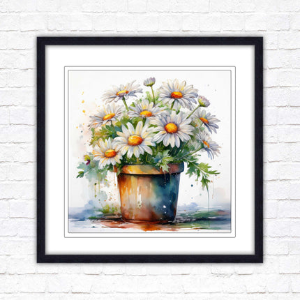 Daisies. Framed picture print. Pretty potted daisies. Framed wall art. A choice of frames and sizes, square.