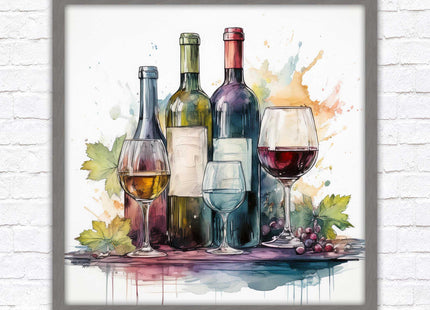 Wine bottles Framed picture print. Watercolour painting. A choice of frames and sizes, square.