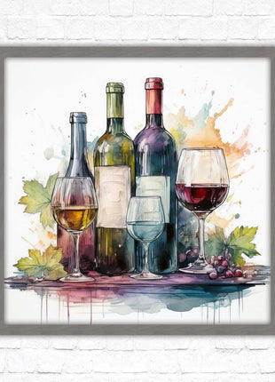 Wine bottles Framed picture print. Watercolour painting. A choice of frames and sizes, square.