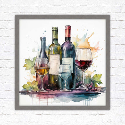 Wine bottles Framed picture print. Watercolour painting. A choice of frames and sizes, square.