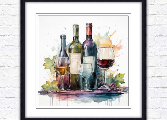 Wine bottles Framed picture print. Watercolour painting. A choice of frames and sizes, square.