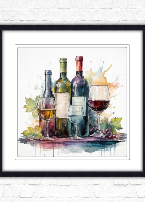 Wine bottles Framed picture print. Watercolour painting. A choice of frames and sizes, square.