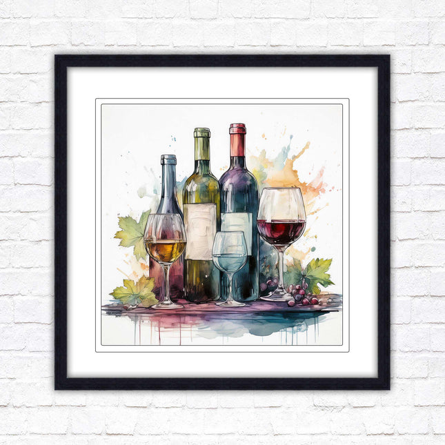 Wine bottles Framed picture print. Watercolour painting. A choice of frames and sizes, square.
