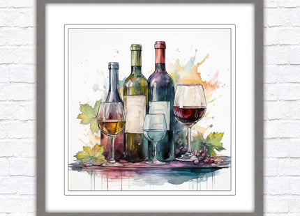 Wine bottles Framed picture print. Watercolour painting. A choice of frames and sizes, square.