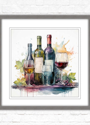 Wine bottles Framed picture print. Watercolour painting. A choice of frames and sizes, square.