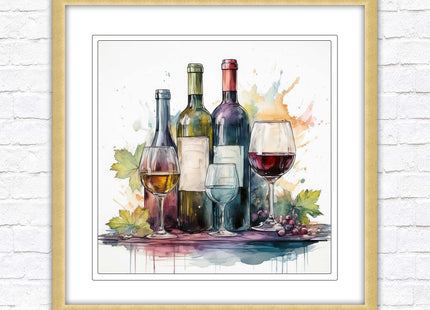 Wine bottles Framed picture print. Watercolour painting. A choice of frames and sizes, square.