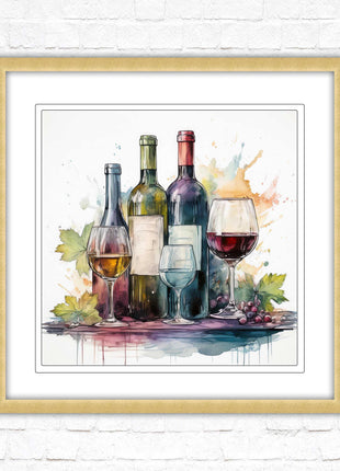 Wine bottles Framed picture print. Watercolour painting. A choice of frames and sizes, square.