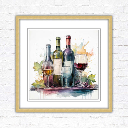 Wine bottles Framed picture print. Watercolour painting. A choice of frames and sizes, square.