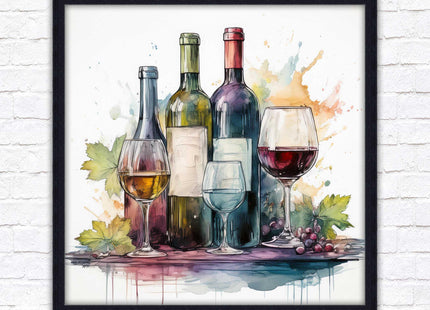 Wine bottles Framed picture print. Watercolour painting. A choice of frames and sizes, square.