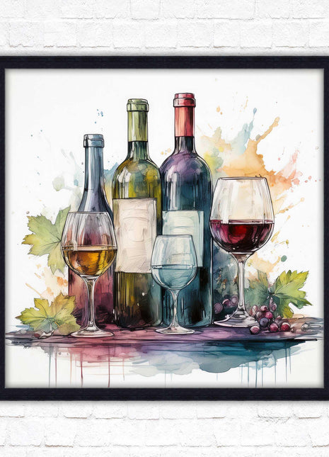 Wine bottles Framed picture print. Watercolour painting. A choice of frames and sizes, square.