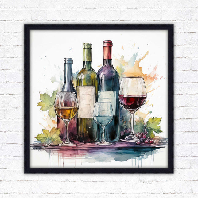 Wine bottles Framed picture print. Watercolour painting. A choice of frames and sizes, square.