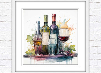 Wine bottles Framed picture print. Watercolour painting. A choice of frames and sizes, square.