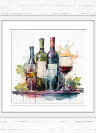 Wine bottles Framed picture print. Watercolour painting. A choice of frames and sizes, square.