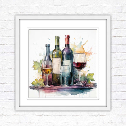 Wine bottles Framed picture print. Watercolour painting. A choice of frames and sizes, square.