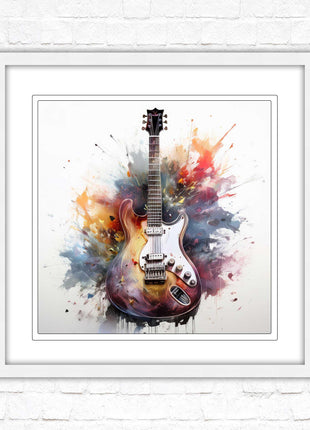 Guitar picture in frame. Framed watercolour wall art. Home gift, wall décor A choice of frames and sizes, square