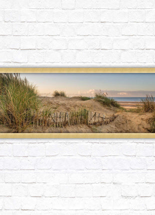Sand dunes at sunrise. Panoramic framed picture print, beach/coastal scene. A choice of picture frames.