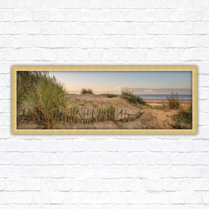 Sand dunes at sunrise. Panoramic framed picture print, beach/coastal scene. A choice of picture frames.