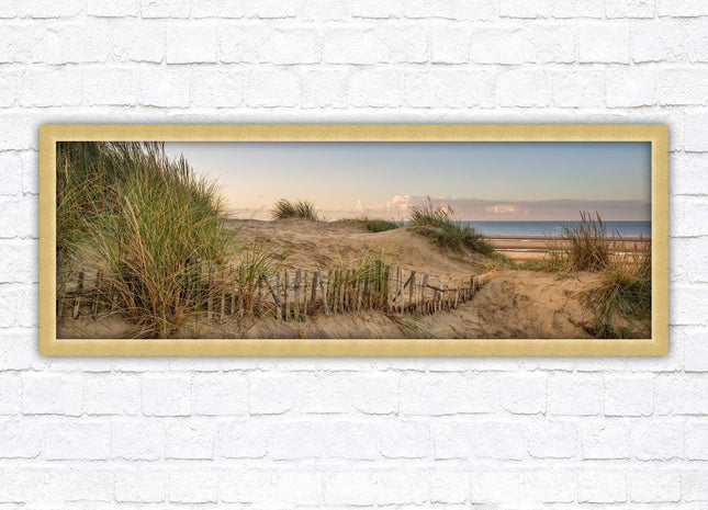 Sand dunes at sunrise. Panoramic framed picture print, beach/coastal scene. A choice of picture frames.