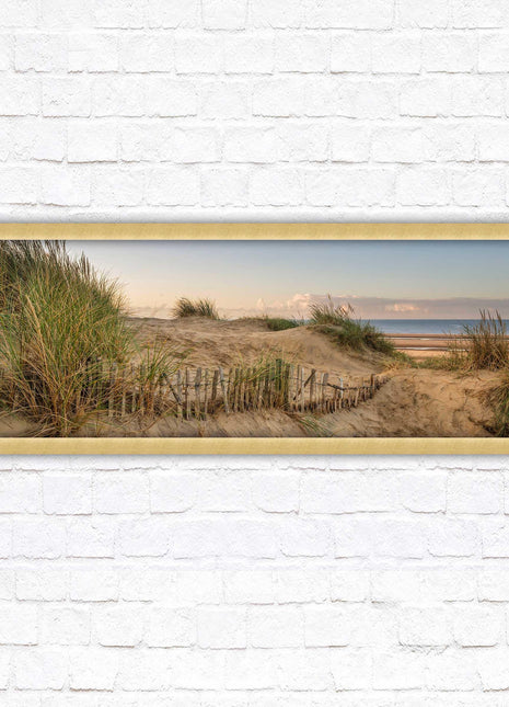 Sand dunes at sunrise. Panoramic framed picture print, beach/coastal scene. A choice of picture frames.