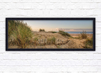 Sand dunes at sunrise. Panoramic framed picture print, beach/coastal scene. A choice of picture frames.