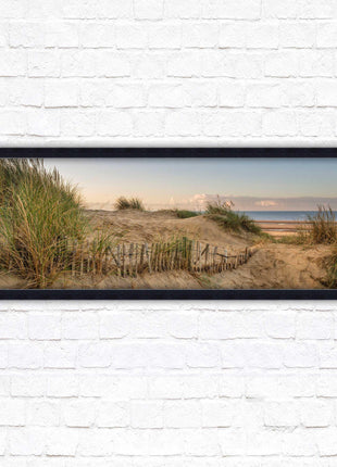 Sand dunes at sunrise. Panoramic framed picture print, beach/coastal scene. A choice of picture frames.