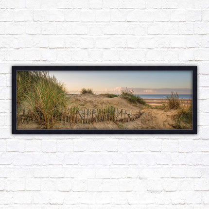 Sand dunes at sunrise. Panoramic framed picture print, beach/coastal scene. A choice of picture frames.