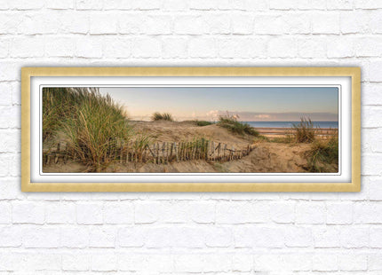 Sand dunes at sunrise. Panoramic framed picture print, beach/coastal scene. A choice of picture frames.