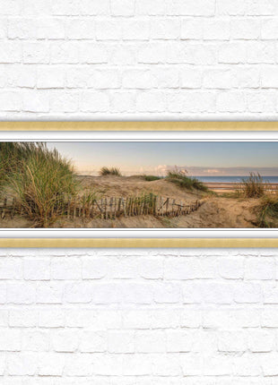Sand dunes at sunrise. Panoramic framed picture print, beach/coastal scene. A choice of picture frames.