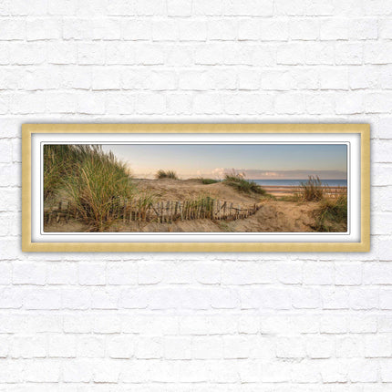 Sand dunes at sunrise. Panoramic framed picture print, beach/coastal scene. A choice of picture frames.