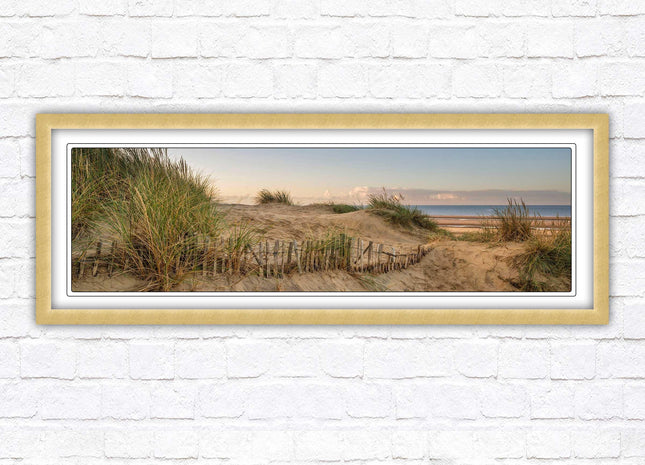 Sand dunes at sunrise. Panoramic framed picture print, beach/coastal scene. A choice of picture frames.