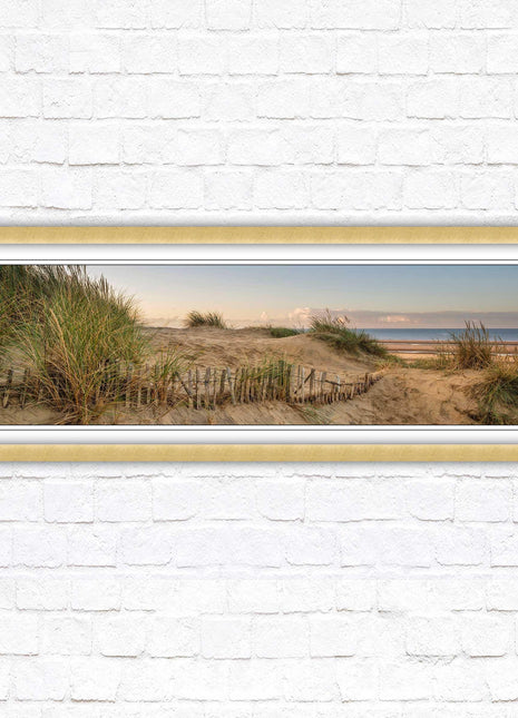 Sand dunes at sunrise. Panoramic framed picture print, beach/coastal scene. A choice of picture frames.