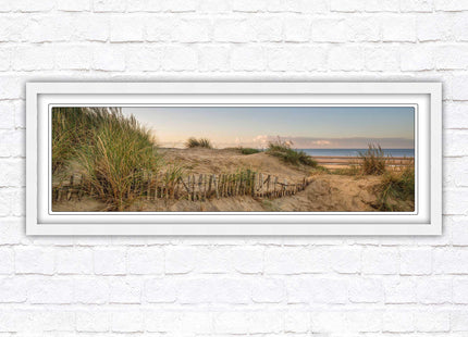 Sand dunes at sunrise. Panoramic framed picture print, beach/coastal scene. A choice of picture frames.