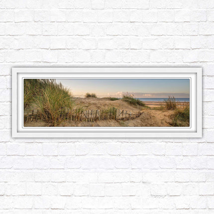 Sand dunes at sunrise. Panoramic framed picture print, beach/coastal scene. A choice of picture frames.