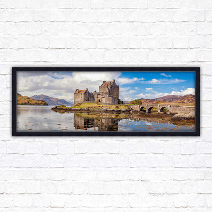 Castle in Scottish Highlands. Framed panoramic picture print, Eilean Donan Castle, Scotland. A choice of picture frames.