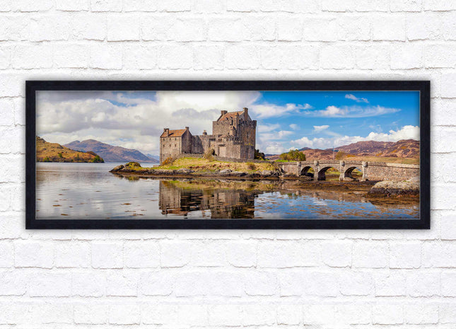 Castle in Scottish Highlands. Framed panoramic picture print, Eilean Donan Castle, Scotland. A choice of picture frames.