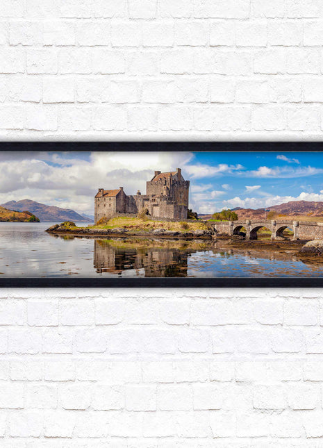 Castle in Scottish Highlands. Framed panoramic picture print, Eilean Donan Castle, Scotland. A choice of picture frames.