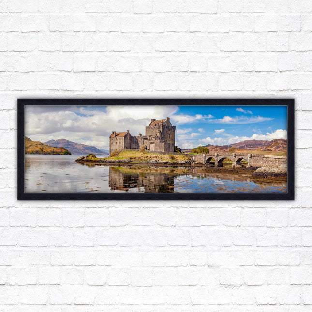 Castle in Scottish Highlands. Framed panoramic picture print, Eilean Donan Castle, Scotland. A choice of picture frames.