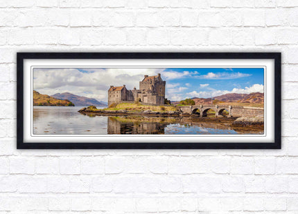 Castle in Scottish Highlands. Framed panoramic picture print, Eilean Donan Castle, Scotland. A choice of picture frames.