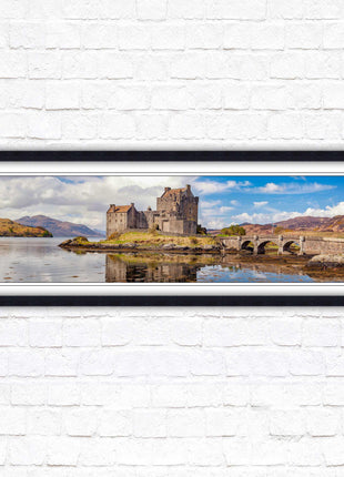 Castle in Scottish Highlands. Framed panoramic picture print, Eilean Donan Castle, Scotland. A choice of picture frames.