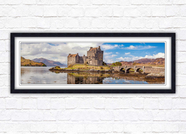 Castle in Scottish Highlands. Framed panoramic picture print, Eilean Donan Castle, Scotland. A choice of picture frames.
