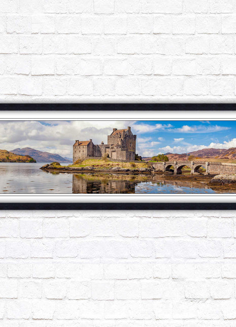 Castle in Scottish Highlands. Framed panoramic picture print, Eilean Donan Castle, Scotland. A choice of picture frames.