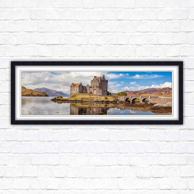 Castle in Scottish Highlands. Framed panoramic picture print, Eilean Donan Castle, Scotland. A choice of picture frames.